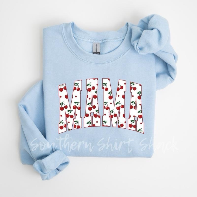 Varsity Cherry Mama Sweatshirt | Light Blue Shirt Hoodie | PrintMintTees.com
