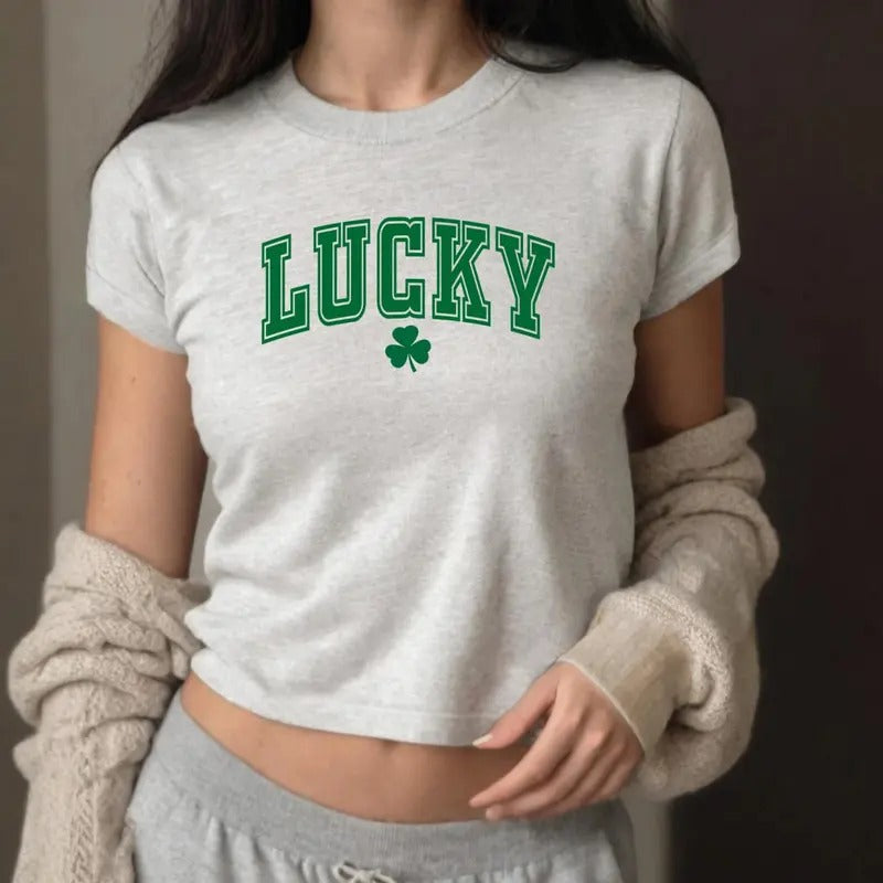 Varsity Lucky 4 Leaf Clover Baby Tee, Four Leaf Clover Baby Tee, St Pattys Day Tee Shirt, Shamrock Four Leaf Shirt Hoodie...