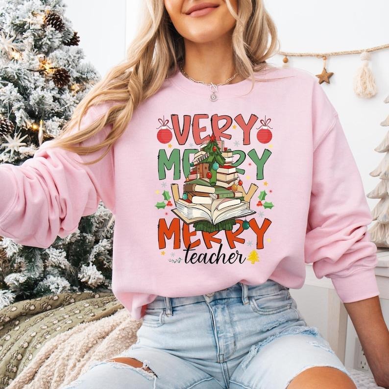 Very Merry Teacher Sweatshirt, Santa's Favorite Teacher T-shirt, Retro Groovy Teacher Christmas Tee, Christmas Teacher...