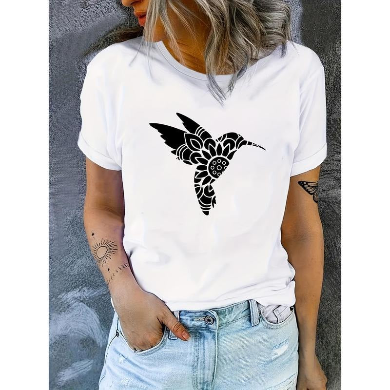 Vibrant Floral Hummingbird Graphic Print Comfortable T-Shirt - Women'S Round Neck Short Sleeve Activewear Tee for Casual...