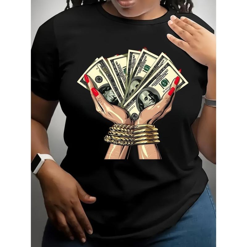 Vibrant Money Print Soft & Breathable Crew Neck T-Shirt - Polyester Knit Fabric, All-Season Short Sleeve Top, Regular Fit...