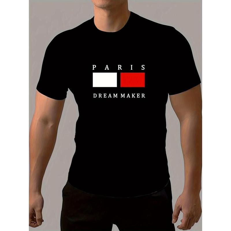 Vibrant Paris Dream Maker Crew Neck T-shirt - Color Block Pattern, Letter Print, Short Sleeve, Casual Chic Design