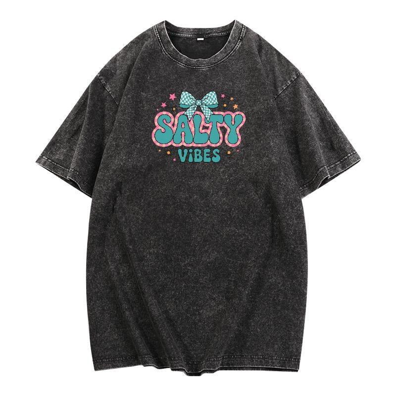 Vintage - Inspired Washed T - Shirt with "Salty Vibes" Graphic and Bow Detail style 02 Hoodie Sweatshirt | PrintMintTees.com