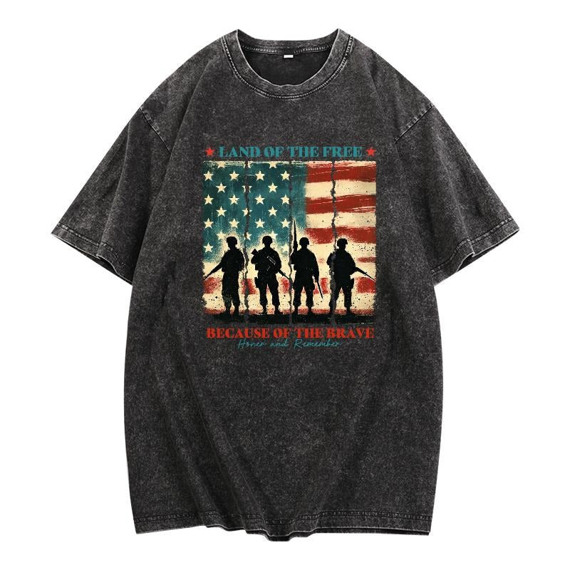 Vintage - Washed Patriotic T - Shirt with "Land of the Free Because of the Brave" Motif Hoodie Sweatshirt | PrintMintTees.com