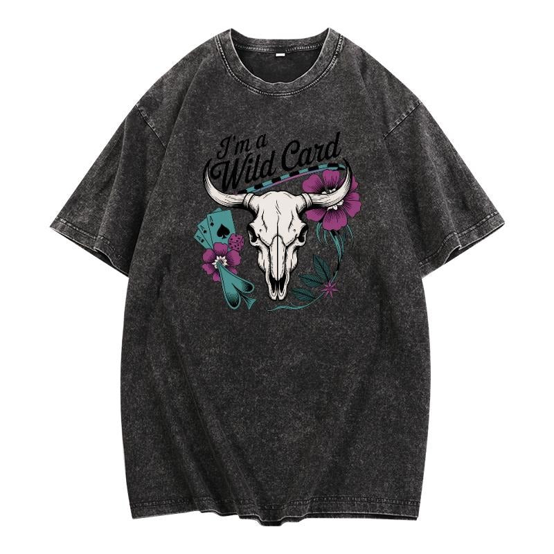 Vintage - Washed T - Shirt with "I'm a Wild Card" Slogan and Edgy Skull Design style 02 Hoodie Sweatshirt | PrintMintTees.com
