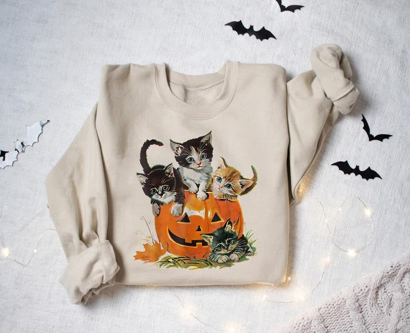 Vintage 90s Cat Halloween Sweatshirt, Retro Cat Halloween Sweater, Spooky Season Shirt, Pumpkin Fall Halloween Shirt,...