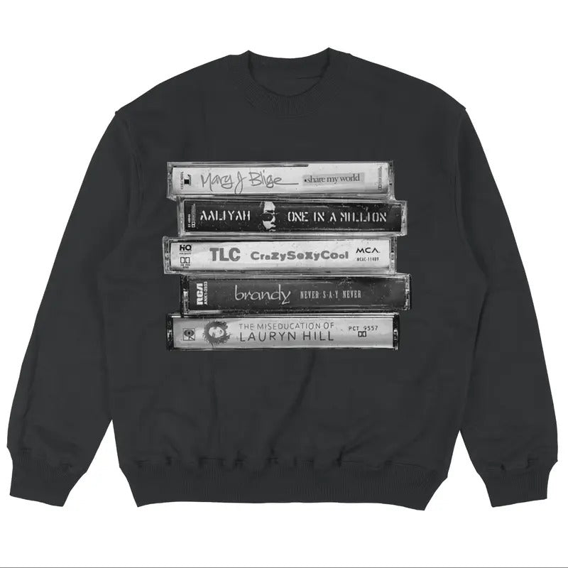 Vintage 90s Female R&B Singers Sweatshirt with Aaliyah, Lauryn Hill and One In a Million Album Cassette Design for Women