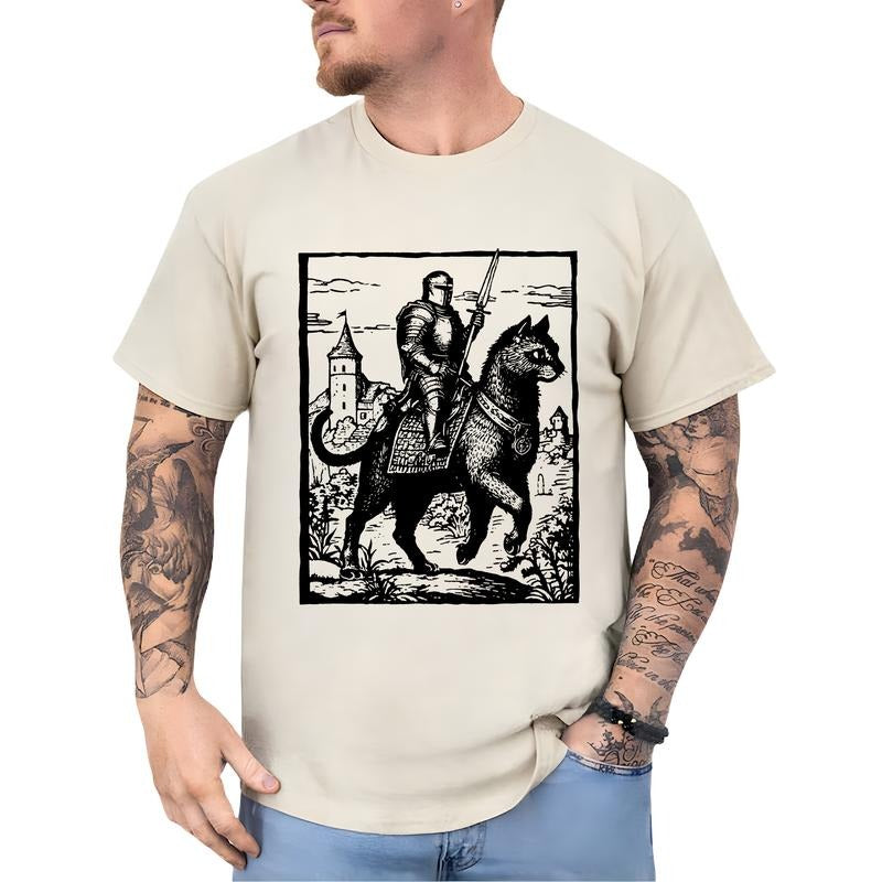 Vintage 90s Knight Riding Cat Shirt Knight Kitten Retro Dark Art Tops Cat Lover Funny Meme Classic Cotton Menswear T-Shirts, Hoodie, Sweatshirt