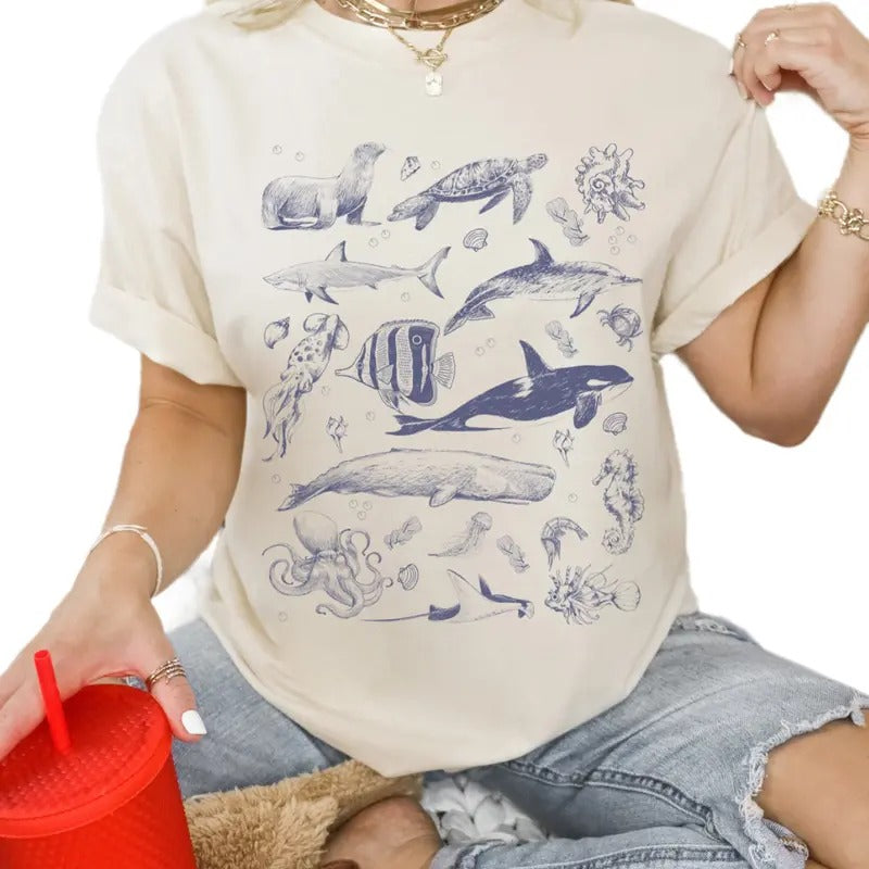 Vintage 90s Tattoo Sea Animal Shirt, Retro Ocean Nature Shirt, Sealife, Ocean, Whale Shirt, Dolphin Shirt, Turtle Lover...