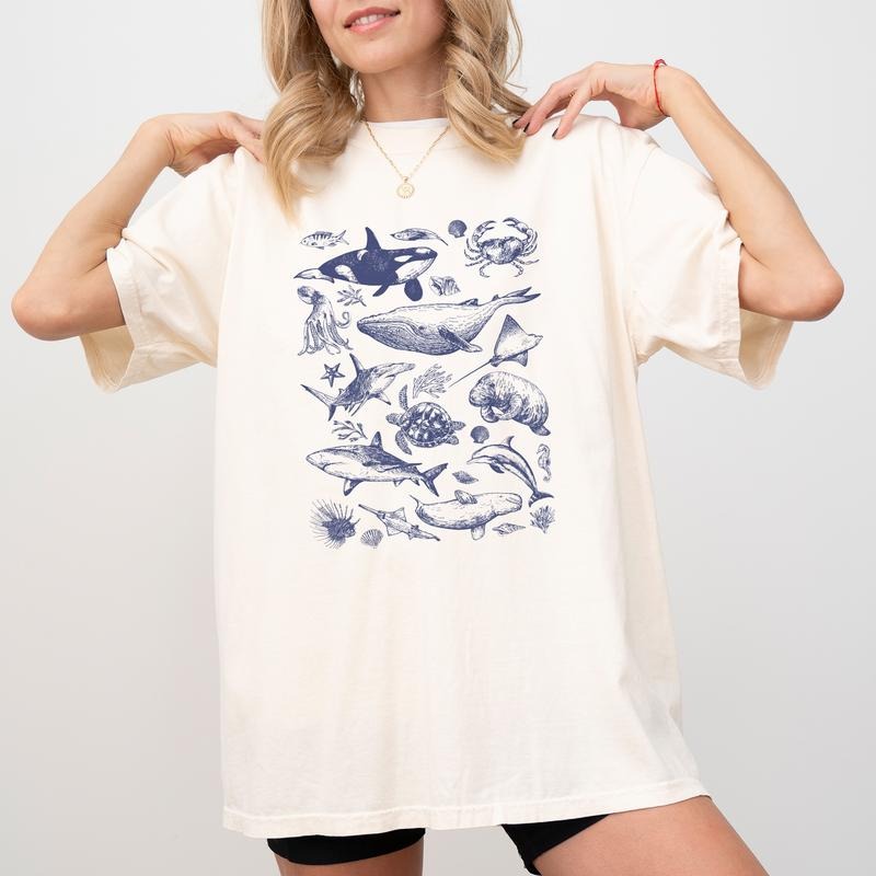 Vintage 90s Tattoo Sea Animals Shirt Comfort Colors, Retro Ocean Nature Sealife Graphic Tee, Marine Life T-shirt, Summer...