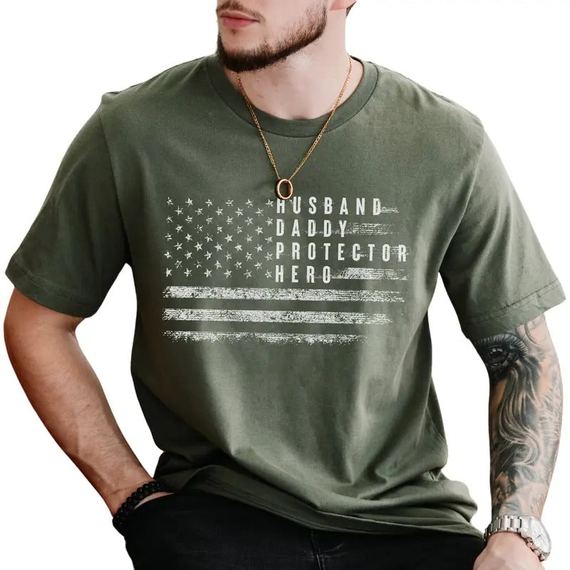 Vintage American Flag Dad Shirt, Patriotic Shirt For Dad, Husband Daddy Protector Hero Graphic Tee, Proud Father Of...