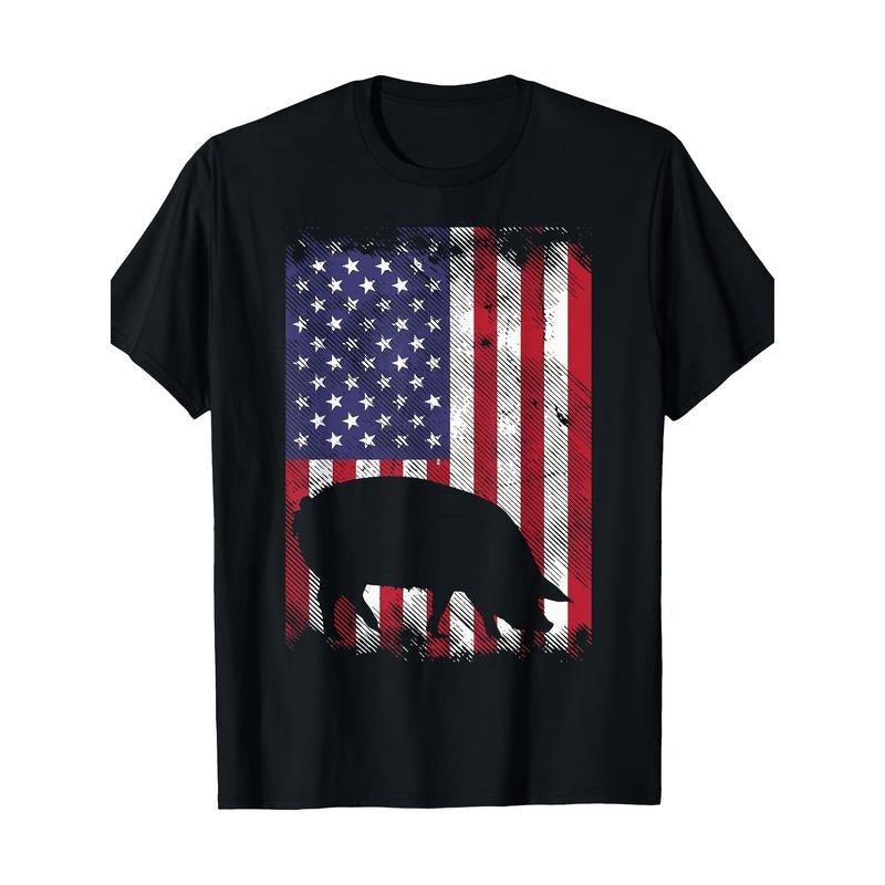Vintage American Flag Pig Graphic Tee - 100% Cotton, Patriotic Farmhouse Style T-Shirt for Men made in usa Hoodie Sweatshirt