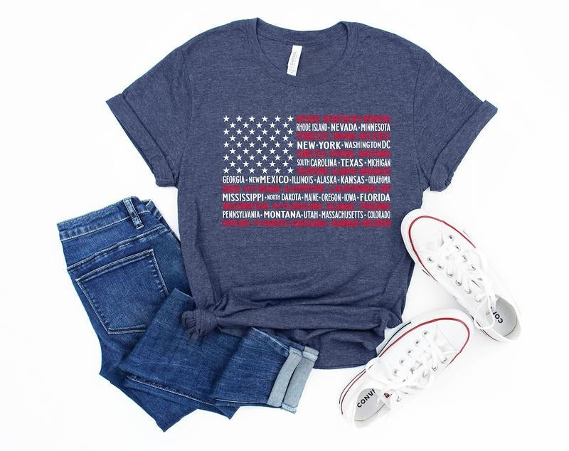 Vintage American Flag Tee with States, Fourth of July Tees, United States Tshirts, July 4th Graphic Tee Hoodie Sweatshirt