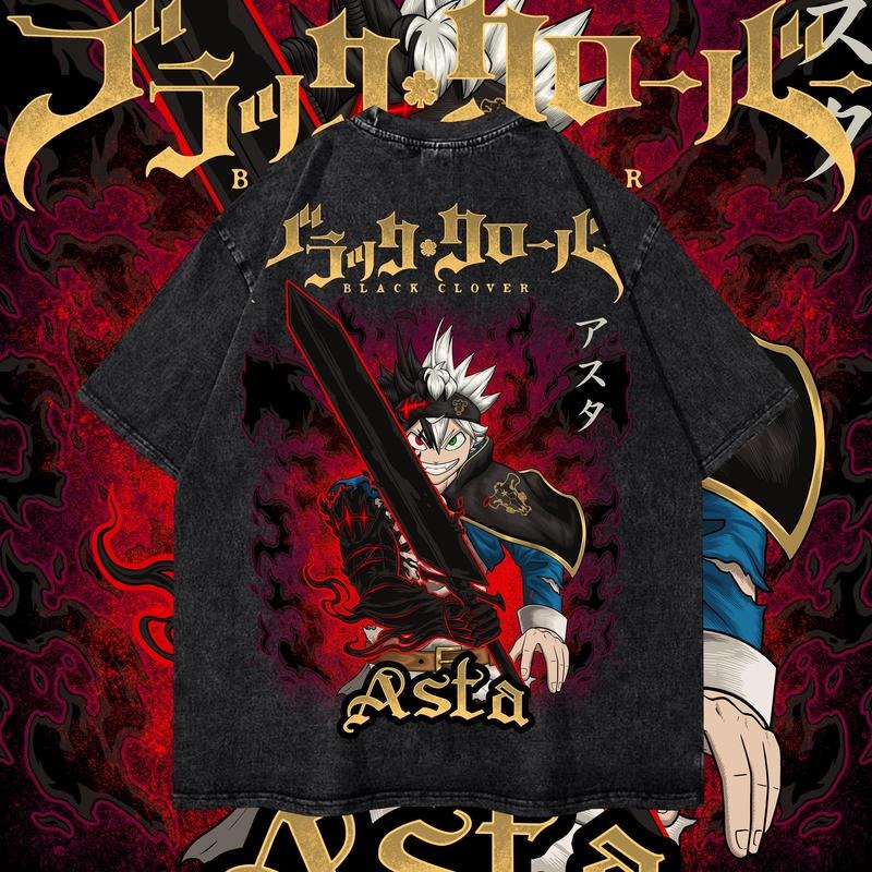 Vintage Asta Washed Oversized T-Shirt, Black Clover Anime Washed Heavy Cotton Special Graphic T-shirt Hoodie Sweatshirt