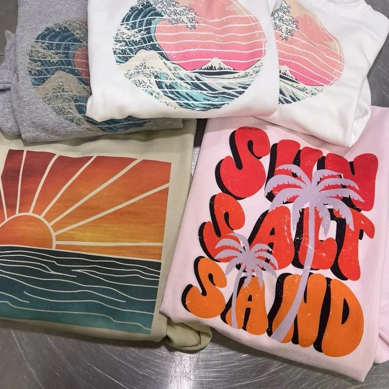 Vintage Beach Retro Ocean Sun Salt Sand Ocean Wave Vacay Sea Turtles Ocean Sunset Sublimation Summer Womenswear Casual T-Shirts, Hoodie, Sweatshirt