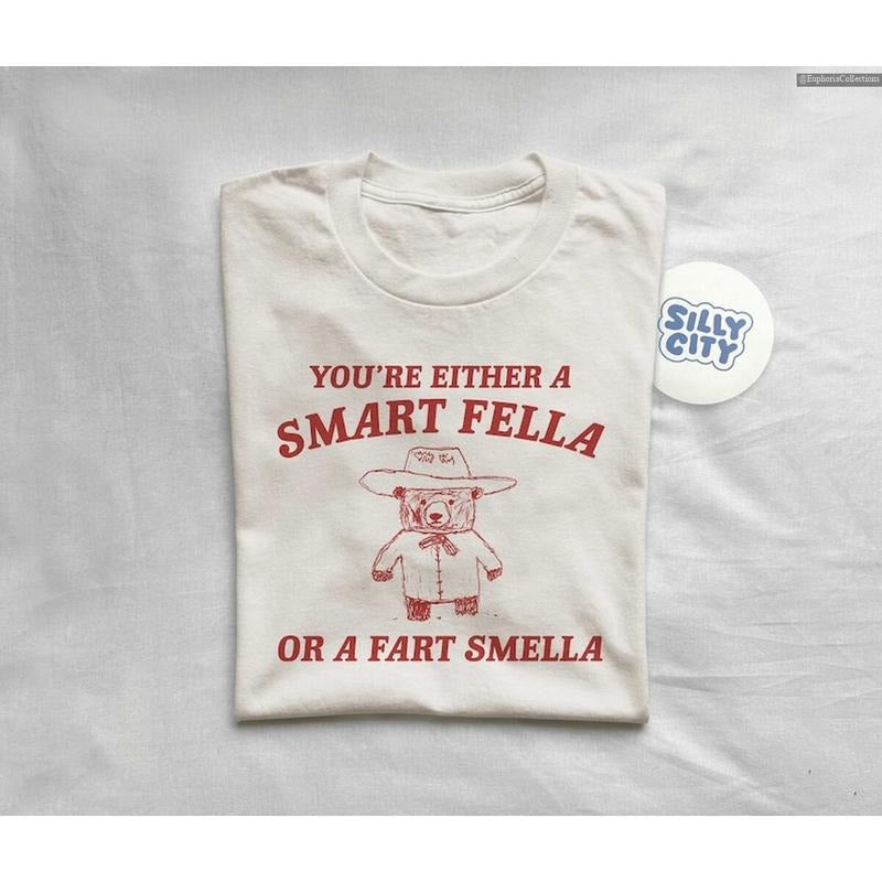 Vintage Bear Trash Panda Are You A Smart Fella Or Fart Smella Shirt, Funny Retro Cartoon Weird Cringe Meme T-Shirt ,...