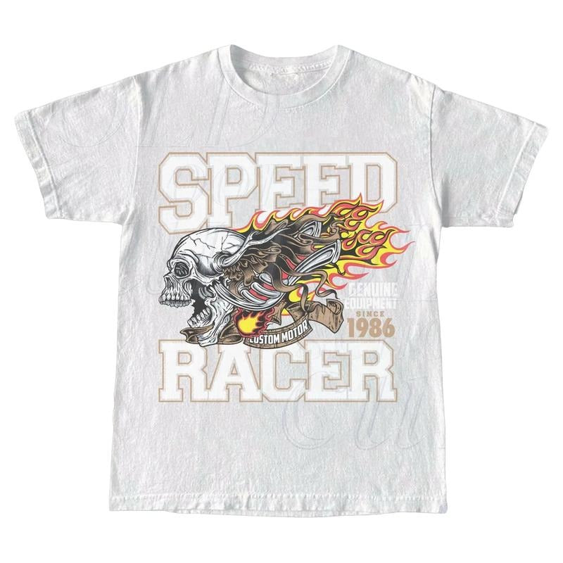 Vintage Biker Skull T-Shirt, Retro Racer Graphic Tee, 90s Skeleton Flame Shirt, Bike Life Tee, Racing Shirt Menswear Top...
