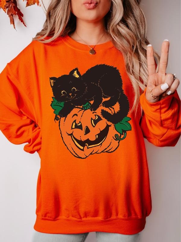 Vintage Black Cat On Pumpkin Sweatshirt, Black Cat Pumpkin Sweater, Retro 90s Halloween Shirt, Fall Crewneck Sweatshirt,...