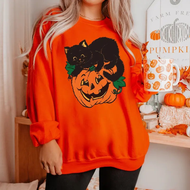 Vintage Black Cat On Pumpkin Sweatshirt, Retro 90s Halloween Shirt, Fall Crewneck Sweatshirt, Black Cat Sweater,...