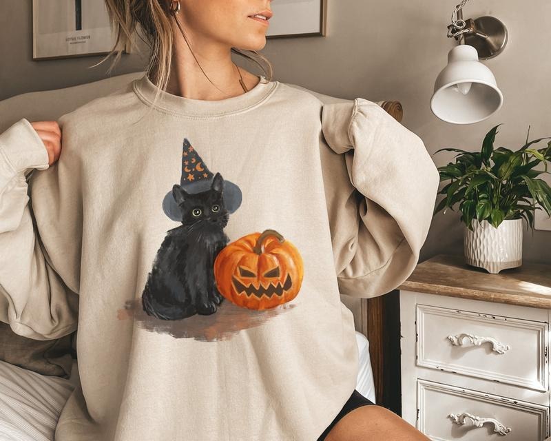 Vintage Black Cat Pumpkin Sweatshirt, Pumpkin Halloween Sweater, Autumn Fall Sweatshirt, Vintage Halloween, Ghost Cat...