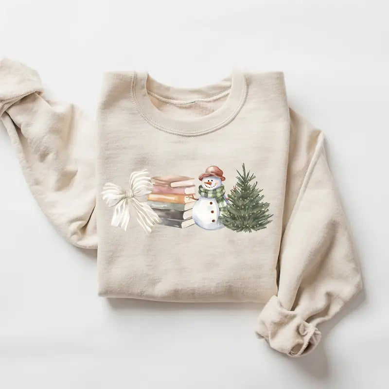 Vintage Bookish Christmas Sweatshirt, Coquette Bookish Bow Sweatshirt, Christmas Tree Snowman Sweater, Cozy Winter...
