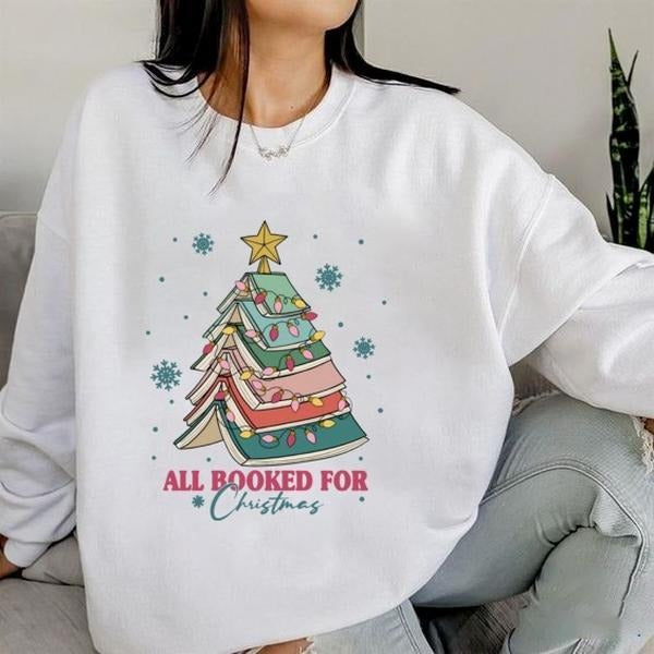 Vintage Books Christmas Tree Sweatshirt, All Booked for Christmas Sweatshirt, Christmas Gift for Reading Book Lovers,...