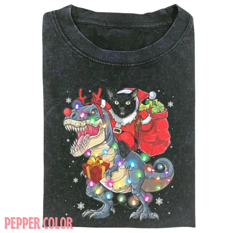 Vintage CAT RIDING A DINOSAUR T REX CHRISTMAS SHIRT, Funny graphic 90' Graphic tee Womenswear Top Hoodie Sweatshirt