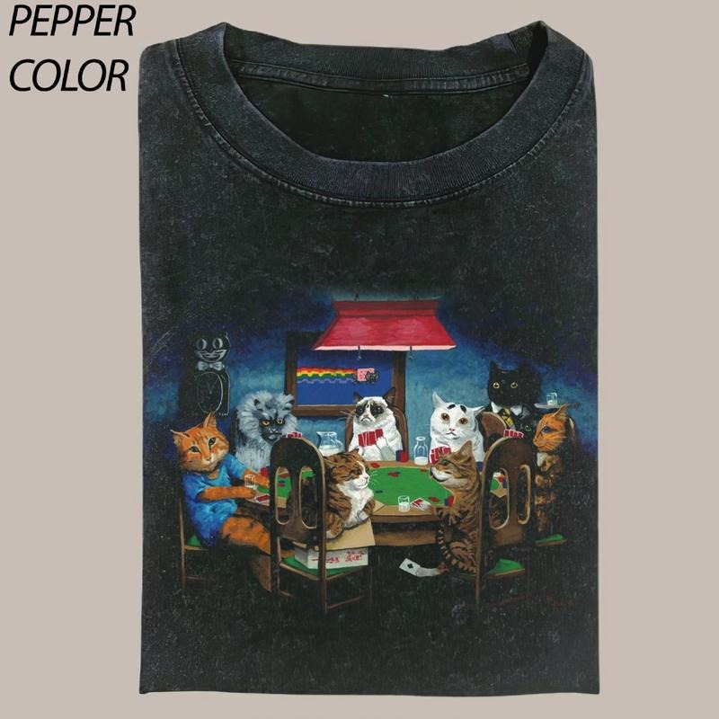 Vintage Cat Art playing poker CrewNeck T-shirt, Lucky Poker Graphic Tee Gift For Boyfriend Menswear Top Streetwear Hoodie...