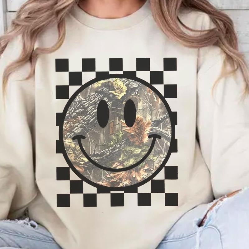 Vintage Checkered Camo Smiley Face Crewneck Shirt, Retro Camo Happy Face Checkered Tee, Camo Mom, Mama Gift Hoodie Sweatshirt
