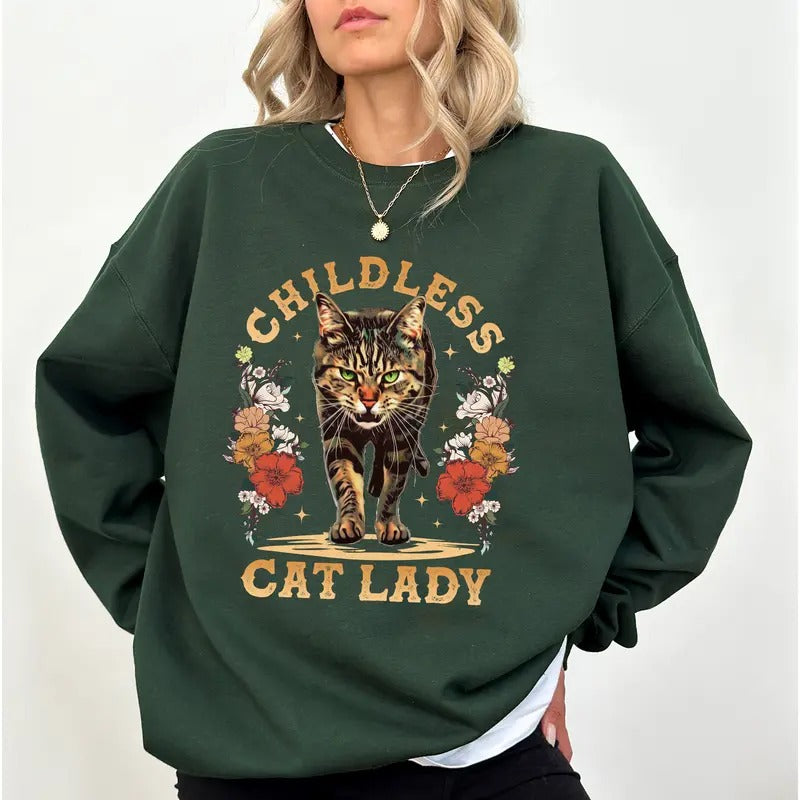 Vintage Childless Cat Ladies Sweatshirt, Feminist Crewneck for Cat Mom, Feminism Sweater, Gothic Cat Mama Sweatshirt,...