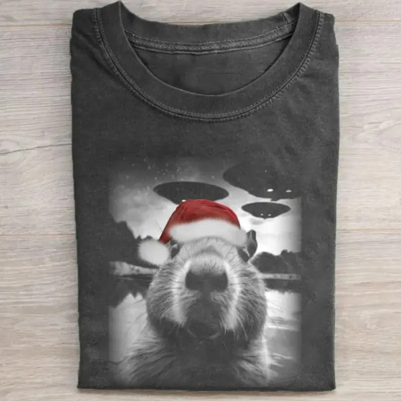 Vintage Christmas Capybara Selfle With UFO t-shirt, 90' Graphic tee Hoodie Sweatshirt | PrintMintTees.com