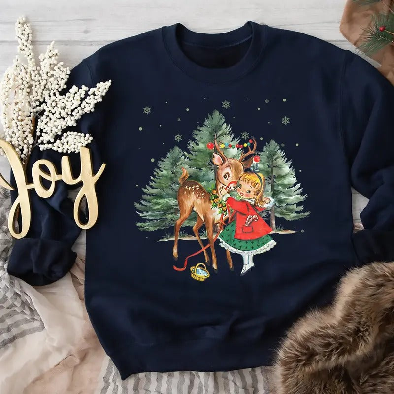 Vintage Christmas Girl And Reindeer Sweatshirt, Vintage Christmas Sweatshirt, Christmas Movies Sweater, Retro 1950s...