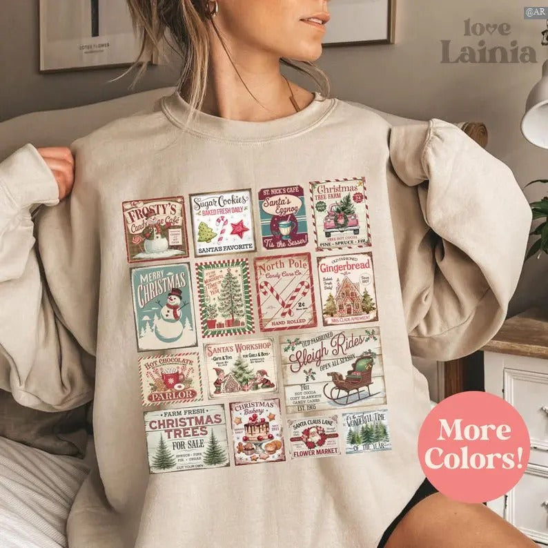 Vintage Christmas Sweatshirt, Santa Claus Shirt, Christmas Stamps Shirt, Retro Crewneck, Gift For Lovers, Cotton, Trendy...