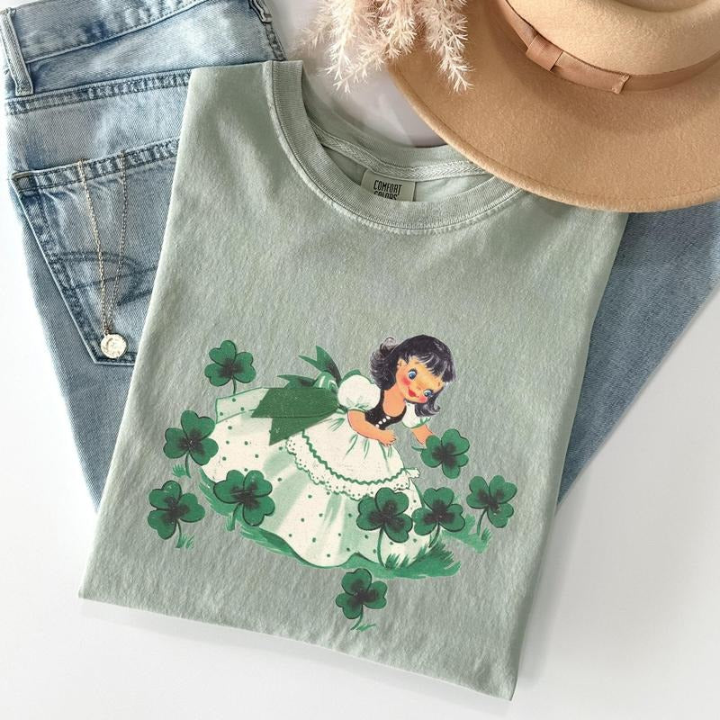 Vintage Clover Girl, Irish, Shamrocks, St Patrick's Day Comfort Colors Tshirt, Women's Crew Neck, Crewneck Hoodie Sweatshirt