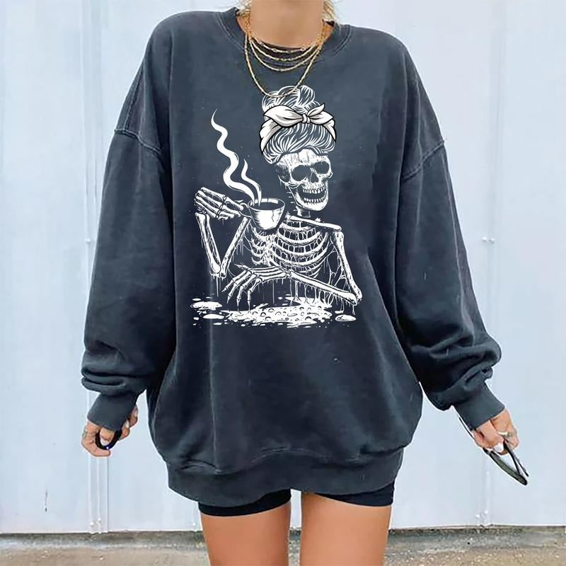 Vintage Coffee Drinking Skeleton Lazy Sweatshirt, Halloween Skeleton Shirt, 90s Halloween Sweater, Skeleton Drink Coffee...