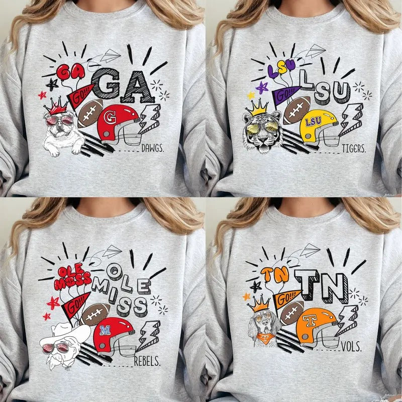 Vintage Collage GA, LSU, Ole Miss, TN Football Sweatshirt, NCAA Shirt, Vintage Football Sweatshirt Top Classic Menswear...