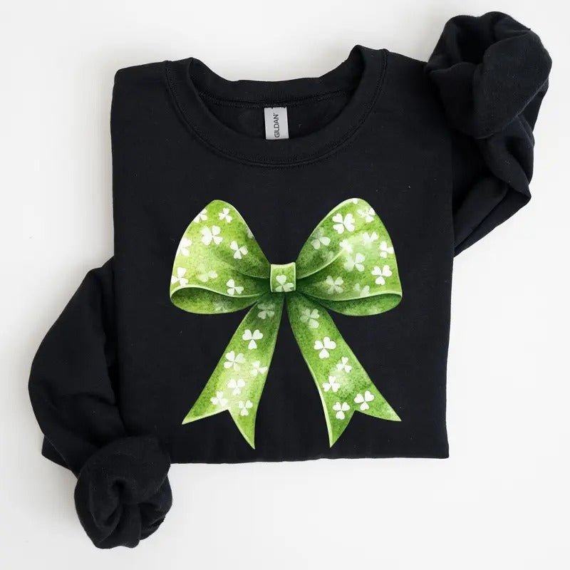 Vintage Coquette, Bow, Shamrock, Clover, Lucky, Retro, Lucky, Irish, Lucky Charm, St Patrick's Day Sweatshirt, Crew Neck,...