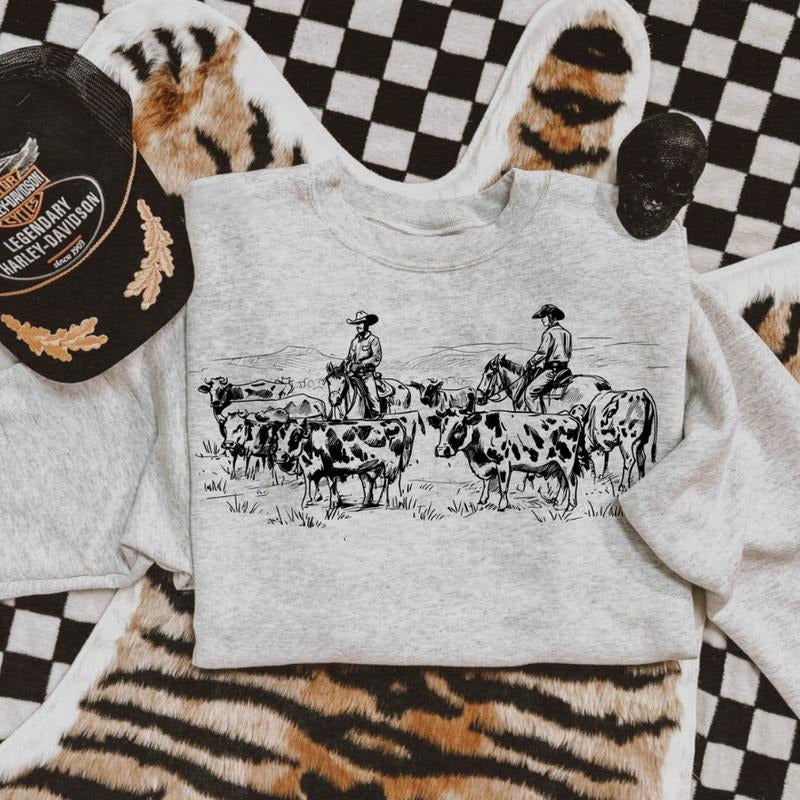 Vintage Cowboys & Cattle Scene Tshirt, Crewneck Sweatshirt cowgirl outfits clothes, western clothing, western outfit...