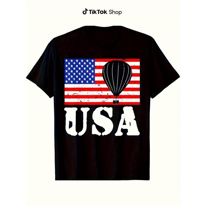 Vintage Distressed American Flag & Hot Air Balloon Graphic T-Shirt - Patriotic USA Design, Soft Breathable Fabric,...
