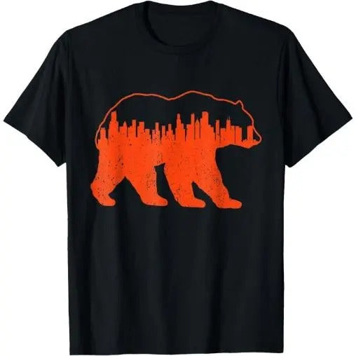 Vintage Downtown Chicago City Skyline Walking-Bear Novelty T-Shirt Made in USA Hoodie Sweatshirt | PrintMintTees.com