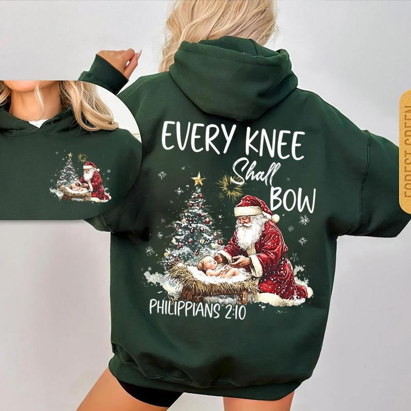 Vintage Every Knee Shall Bow Santa Clause Religious Xmas 2 Sided Graphic Hoodie Fleece Fabric Casual Hooded Sweatshirt...
