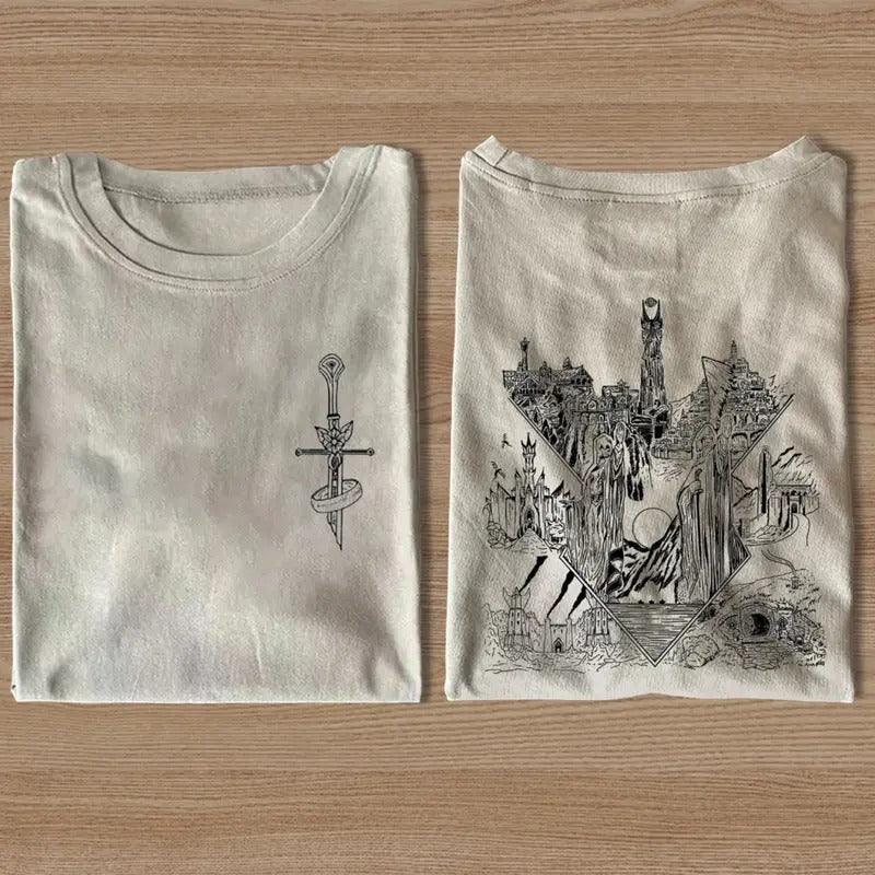 Vintage Fantasy Ring Double Sided Graphic Tee - The Lord of The Rings Movie Shirt - LOTR - Middle Earth