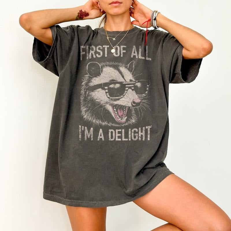 Vintage First Of All I'm A Delight Shirt, Retro Funny Raccoon Shirt,Vintage Raccoon Tshirt Cotton Top Casual Comfort...