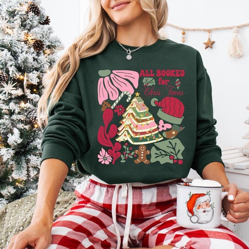Vintage Floral Book Lover Christmas Sweatshirt, All Booked For Christmas T-shirt, Christmas Bookish Shirt, Bookworm...
