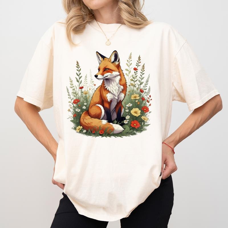 Vintage Flower Fox Shirt Comfort Colors Fairycore Cute Fox Forest Animal Short Sleeves Her Floral Fox Womenswear Shirt Hoodie Sweatshirt