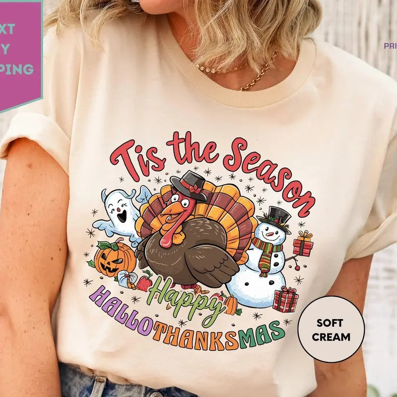 Vintage Happy Hallothanksmas Shirt Happy Halloween Thanksgiving Christmas Sweatshirt Holiday Season Funny Teestyle{n002}2...
