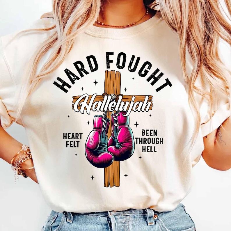 Vintage Hard Fought Hallelujah Shirt, Christian Tshirt, Boxing Gloves Hard Fought Sweat, Religious Shirt, Church Tee,...
