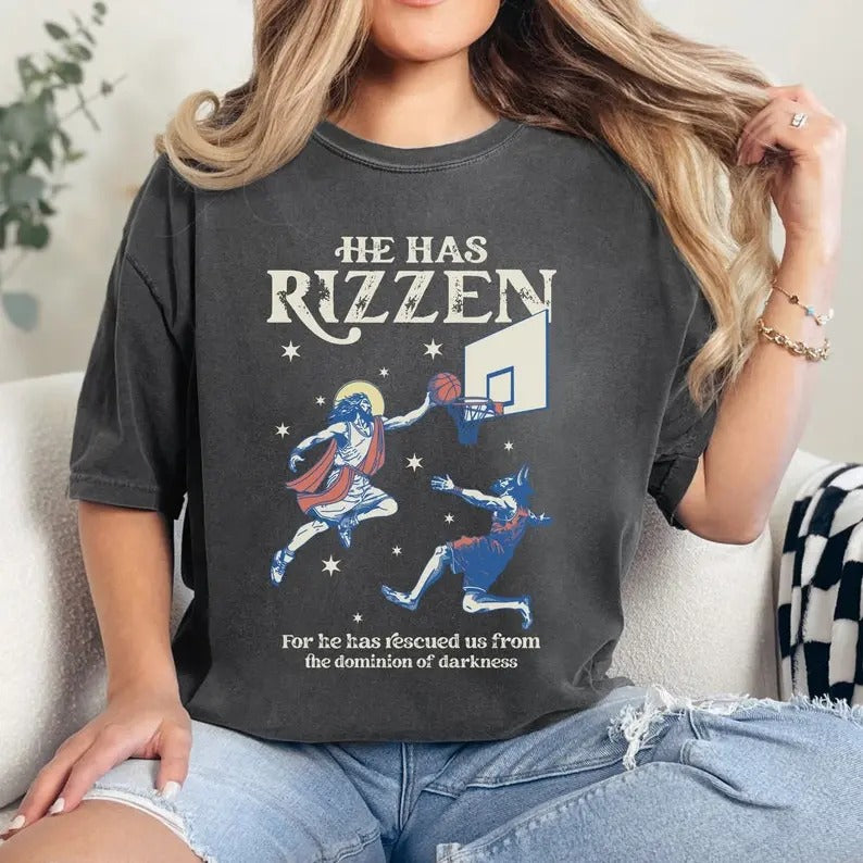Vintage He Is Rizzin' Shirt, Jesus Playing Basketball, Funny Easter Tshirt, Retro Christian Religious Tee, Weirdcore Meme...