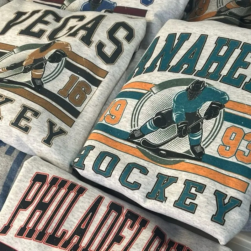 Vintage Hockey Graphic Sweatshirts Sports Hockey City Pullovers Retro Sports Sweatshirts Casual Hockey Game Top Shirt Hoodie