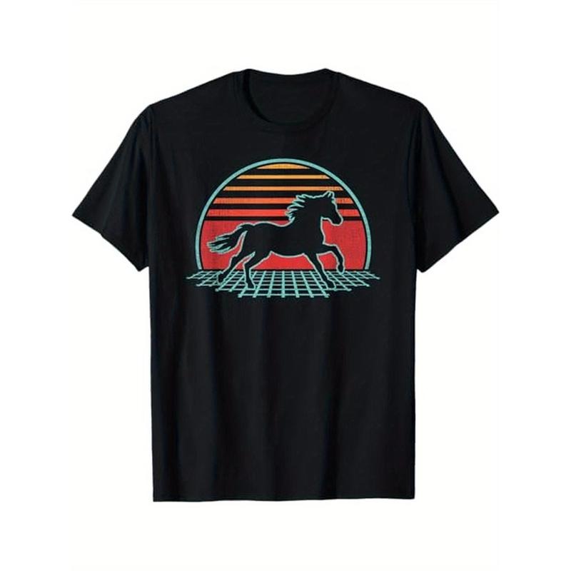Vintage Horse Print T-Shirt, 100% Cotton Crew Neck Short Sleeve Tee, Casual All-Season Knit Fabric Top with Slight...